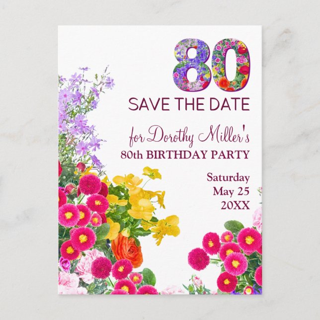 Postal De Anuncios Cumpleaños 80 flores modernas 80 (Anverso)