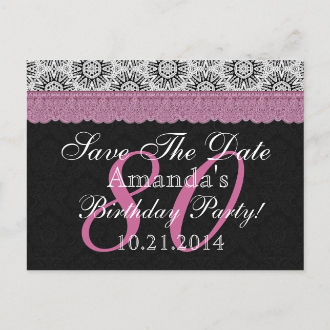 Postal De Anuncios Cumpleaños 80 Save the Date Negro Blanco Rosa (Anverso)
