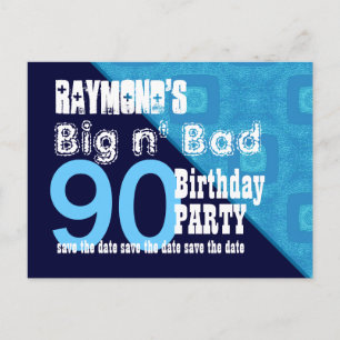 Postal De Anuncios Cumpleaños 90 Save the Date Azul Diagonal V02A23
