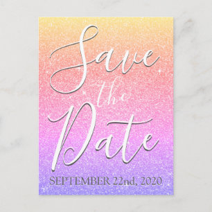 Postal De Anuncios Cumpleaños Arcoíris Brillo Glitter Save the Date