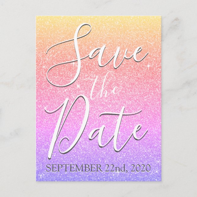 Postal De Anuncios Cumpleaños Arcoíris Brillo Glitter Save the Date (Anverso)