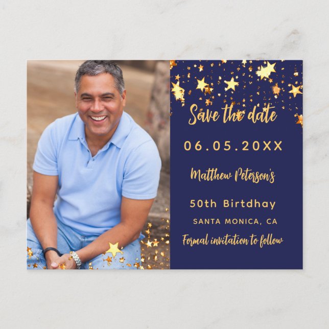 Postal De Anuncios Cumpleaños azul marino dorado foto save the date (Anverso)