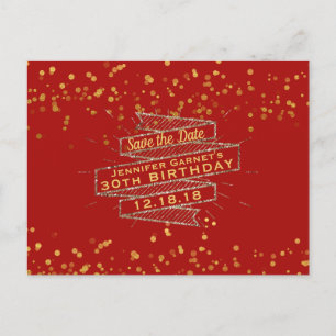 Postal De Anuncios Cumpleaños Confeti Rojo Dorado Salva la Fecha