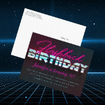 Postal De Anuncios Cumpleaños del Flashback de los años 80 retro<br><div class="desc">Neon "Flashback" de más de 80 años de estilo y brillante cromo "Cumpleaños" de tipo futurista. Personalizar con tus datos delante y atrás; añade más fotos y/o texto al dorso,  mostrados en la tarjeta postal,  transfieres a la invitación estándar o encuentra uno en mi tienda.</div>