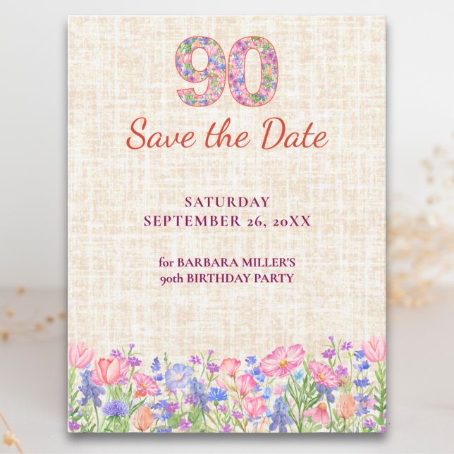 Postal De Anuncios Cumpleaños elegante número 90 para ella - Flores r (Subido por el creador)