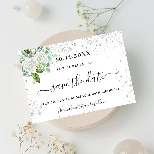 Postal De Anuncios Cumpleaños fiesta floral blanco verde guardar la f (Subido por el creador)