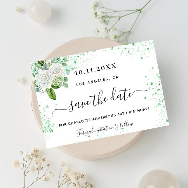 Postal De Anuncios Cumpleaños fiesta floral blanco verde guardar la f (Subido por el creador)