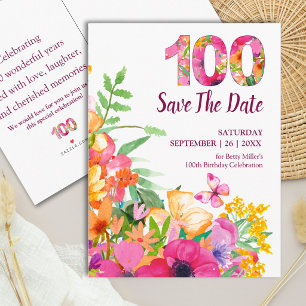 Postal De Anuncios Cumpleaños floral 100 mariposa de guardar la fecha