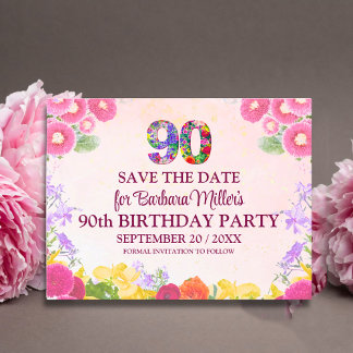 Postal De Anuncios Cumpleaños floral 90 guardar la fecha - pastel 90