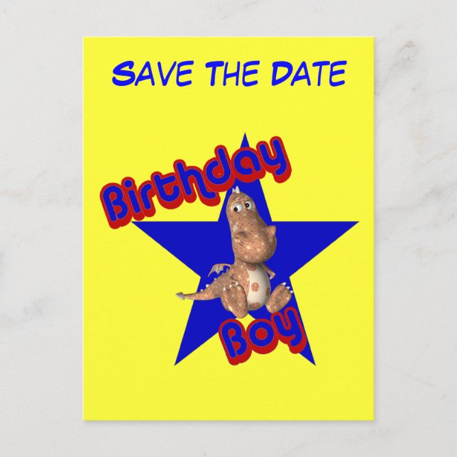 Postal De Anuncios Cumpleaños Niño Salva La Fecha Niño Dinosaurio Div (Anverso)