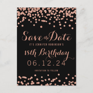 Postal De Anuncios Cumpleaños Rose Gold Glitter Confetti Guardar Fech