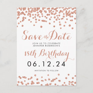 Postal De Anuncios Cumpleaños Rose Gold Glitter Confetti Guardar Fech