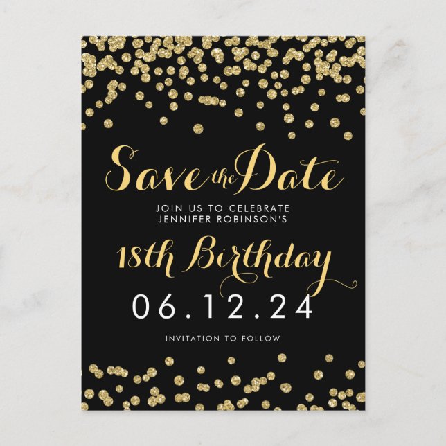 Postal De Anuncios Cumpleaños Salvar la fecha Purpurina de oro Confet (Anverso)