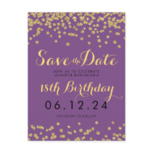 Cumpleaños Save Date Gold Purpurina Confetti Purpl