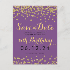 Postal De Anuncios Cumpleaños Save Date Gold Purpurina Confetti Purpl
