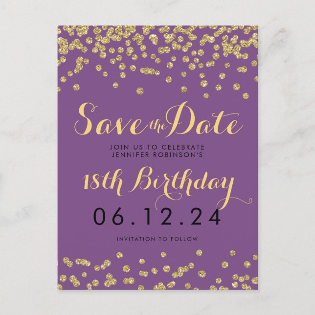 Postal De Anuncios Cumpleaños Save Date Gold Purpurina Confetti Purpl (Anverso)