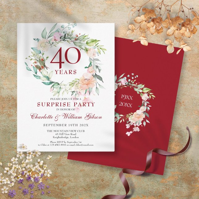 Postal De Anuncios Cumpleaños Sorpresa 40 Aniversario Rosas Guirnalda (40th Anniversary Surprise Party Roses Garland Announcement Postcard)