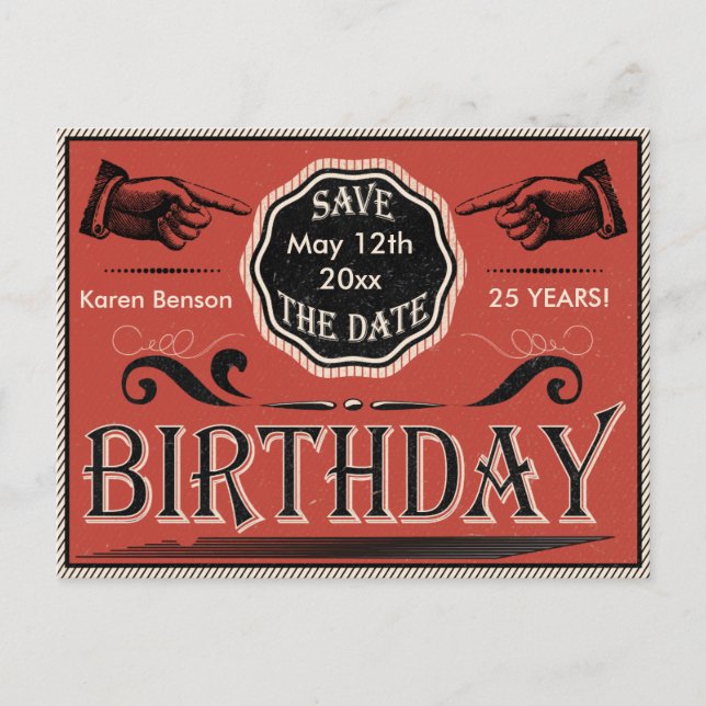 Postal De Anuncios Cumpleaños Vintage Guardar la Fecha (Anverso)
