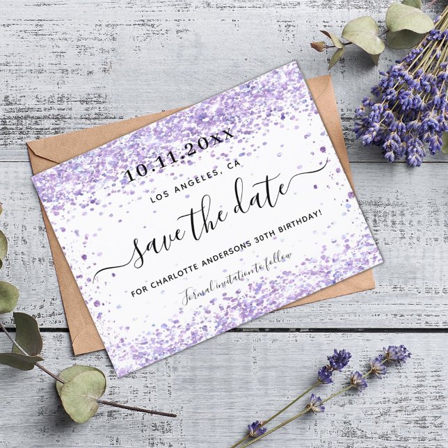 Postal De Anuncios Cumpleaños violeta púrpura brillo salvar la fecha (Subido por el creador)