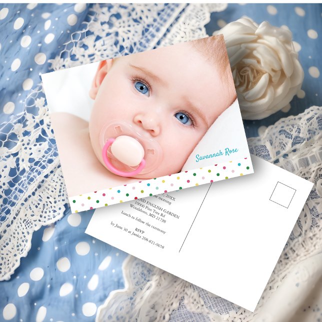 Postal De Anuncios Custom Baby Photo Polka Dots Naming Ceremony (Custom Baby Photo Polka Dots Naming Ceremony Announcement Postcard.)