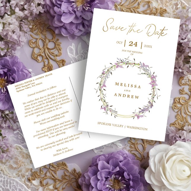 Postal De Anuncios Custom Lilac Elegant Garland Wreath Wedding (Custom Lilac Elegant Garland Wreath Wedding Save the Date Postcard.)