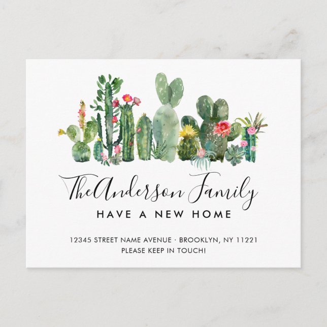 Postal De Anuncios Cuta acuarela Cactus Nombre Familia Nuevo Hogar Mo (Anverso)