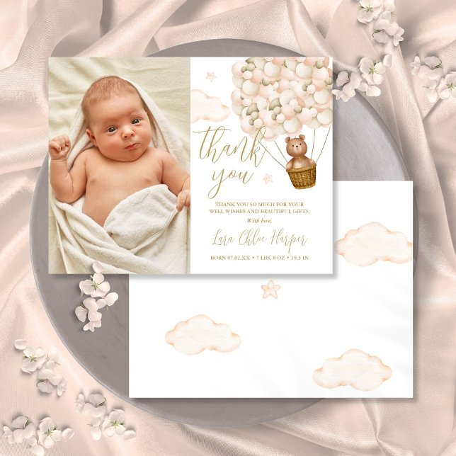 Postal De Anuncios Cute Bear y globos gracias bebé foto nacimiento (Cute Bear And Balloons Thank You Baby Photo Birth Announcement Postcard)