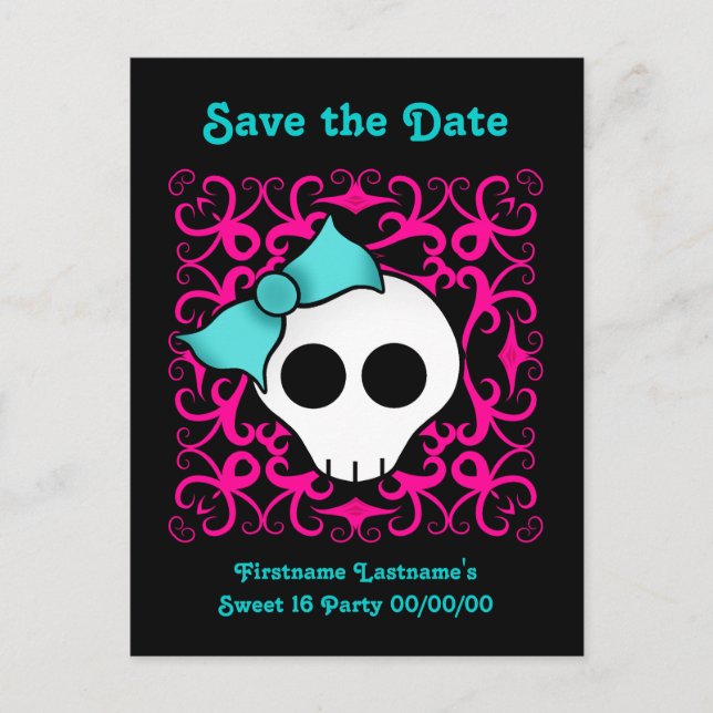 Postal De Anuncios Cute calavera gótica dulces 16 guardar la fecha (Anverso)