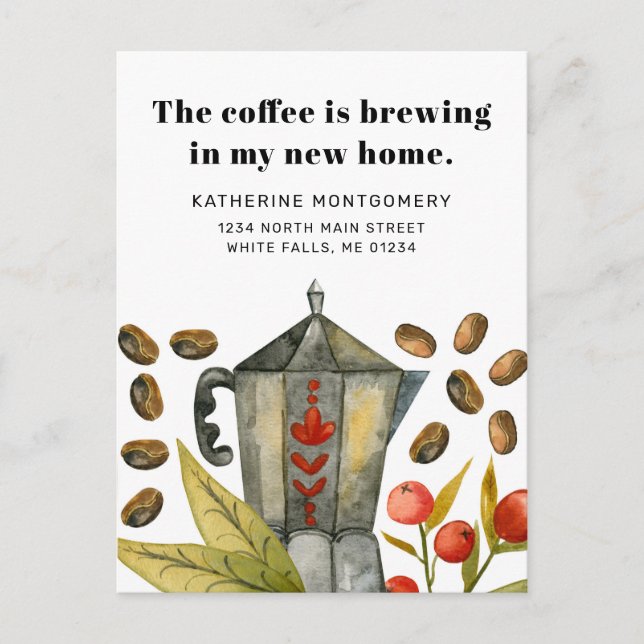 Postal De Anuncios Cute Coffee Pot Brewing Mi Nuevo Hogar Cita Mudanz (Anverso)