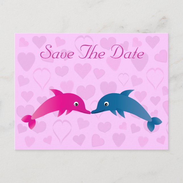 Postal De Anuncios Cute Dolphins & Hearts Save The Date (Anverso)
