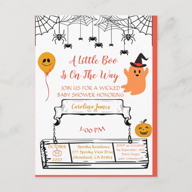 Postal De Anuncios Cute Ghost Halloween Baby Shower Naranja Little Bo (Anverso)