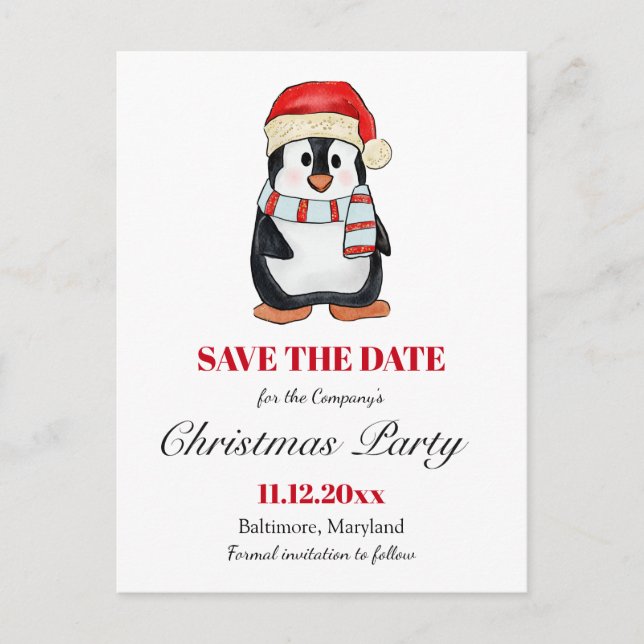 Postal De Anuncios Cute Penguin | Christmas Party Save The Date  (Anverso)
