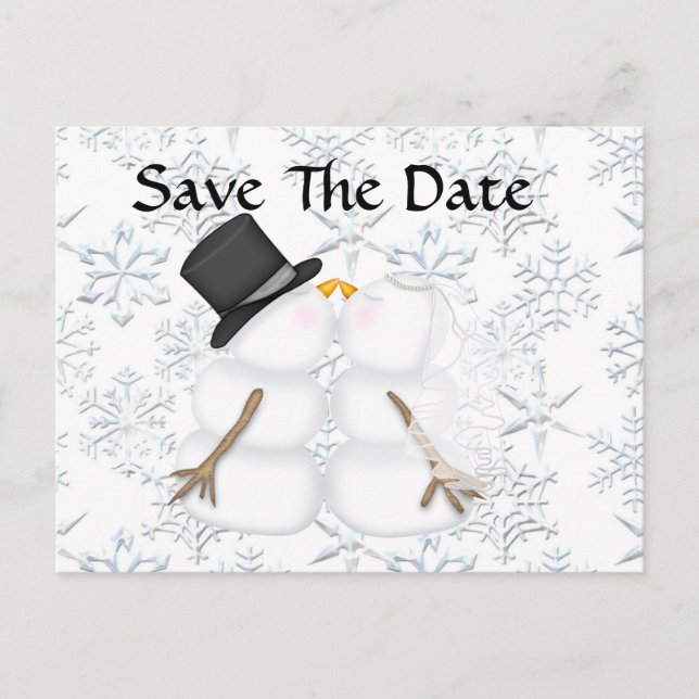 Postal De Anuncios CUTE Save the Date NOVIA Y NOVIO Muñeco de Nieve (Anverso)