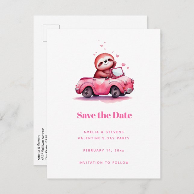 Postal De Anuncios Cute Sloth in a Pink Convertible (Anverso / Reverso)