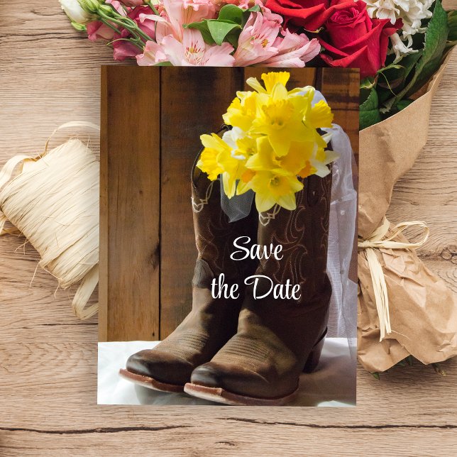 Postal De Anuncios Daffodils Cowboy Boots Barn Wedding Salva la fecha (Subido por el creador)