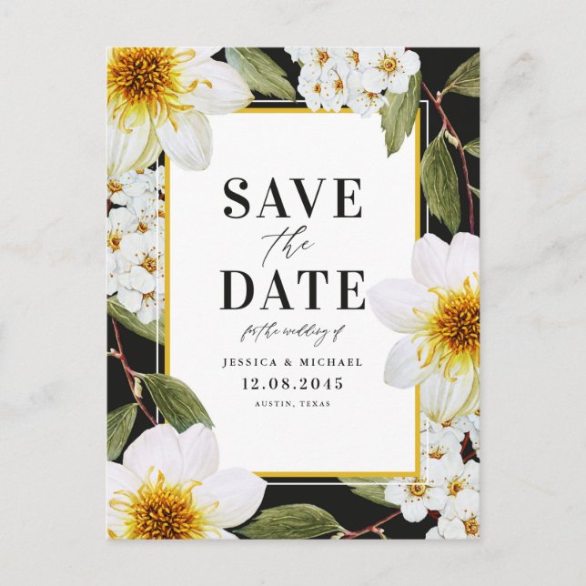 Postal De Anuncios Dahlia Blanca y Spirea Botánica Save The Date (Anverso)