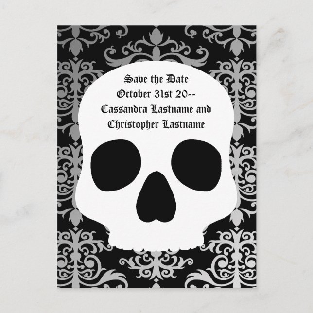 Postal De Anuncios damasco de cráneo boda | Guardar la fecha (Anverso)