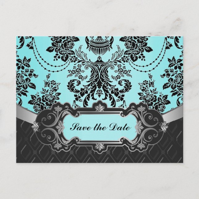 Postal De Anuncios Damasco negro azul boda salvar las fechas (Anverso)