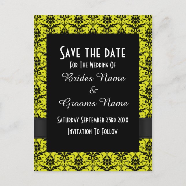 Postal De Anuncios Damasco negro y amarillo salva la fecha (Anverso)