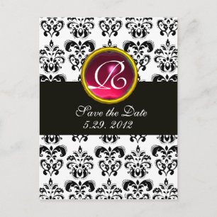 Postal De Anuncios DAMASCO NEGRO Y BLANCO Monograma Rosa Rojo Rubí