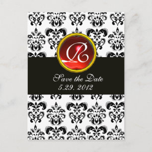 POSTAL DE ANUNCIOS DAMASCO NEGRO Y BLANCO MONOGRAMA RUBÍ ROJO