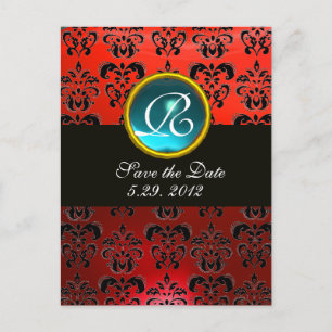 Postal De Anuncios Damasco ROJO Y BLANCO NEGRO Monograma con gema AZU