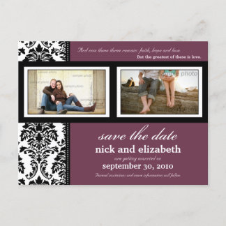 Postal De Anuncios Damask 2 fotos Ciruela-Negro-Blanco Save the Date