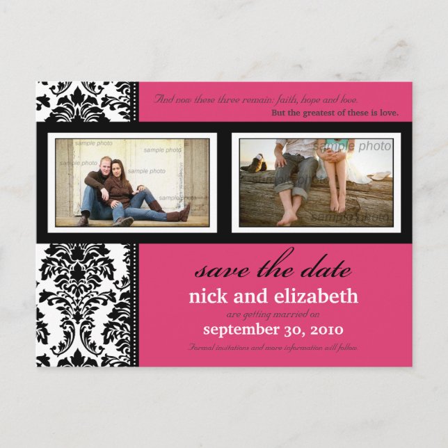 Postal De Anuncios Damask 2-Fotos Fucsia-Negro-Blanco Save the Date (Anverso)