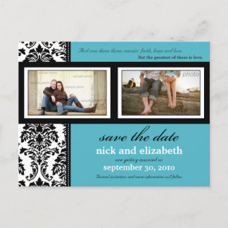 Postal De Anuncios Damask 2-Photo Aqua-Black-White Save the Date
