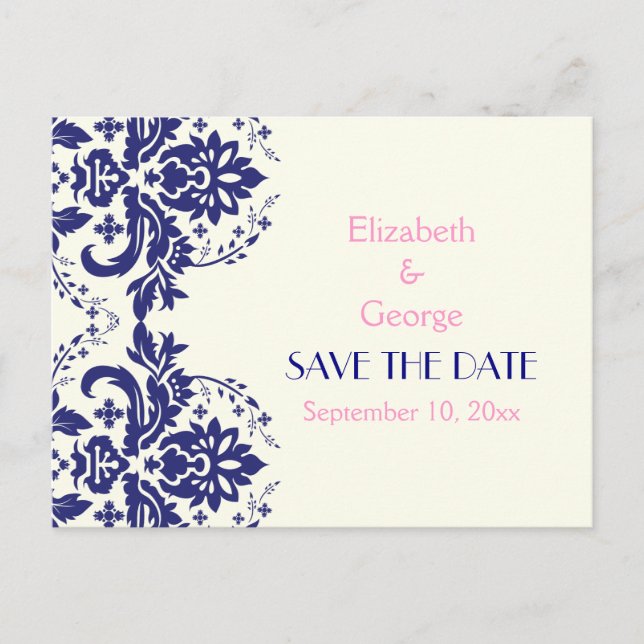 Postal De Anuncios Damask azul marino, boda rosa Save the Date (Anverso)