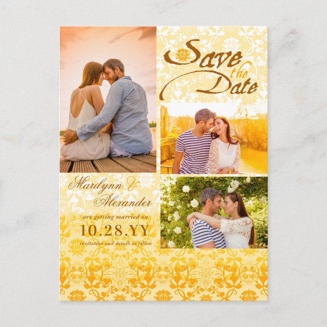 Postal De Anuncios Damask Lace Golden Yellow Photo Save The Date (Anverso)