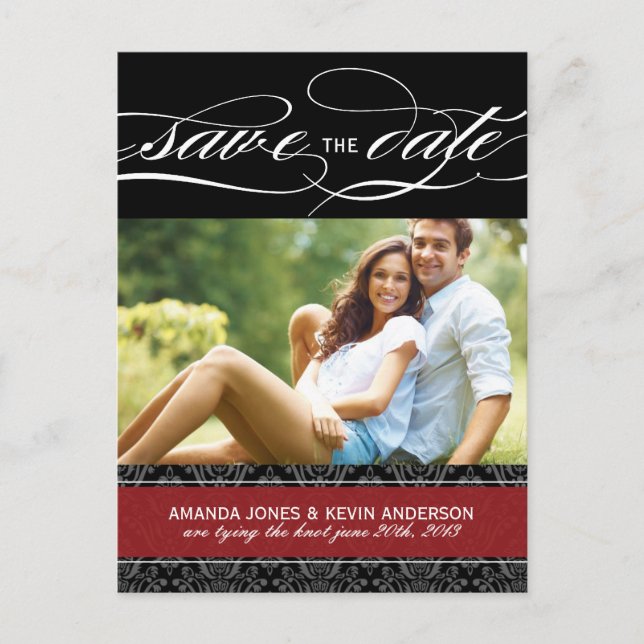 Postal De Anuncios Damask negro y rojo Guardar la fecha (Anverso)