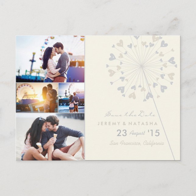 Postal De Anuncios Dandelions Love Hearts 4 Multi Photo Save The Date (Anverso)