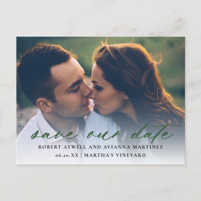 Postal De Anuncios Dark Green Text Photo Wedding Guardar la fecha (Anverso)